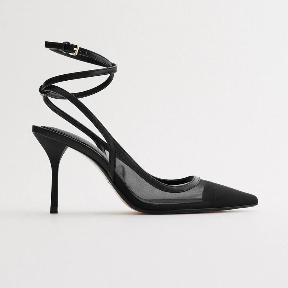 NWT Zara Size 8 Black Ankle Strap Mesh Heels